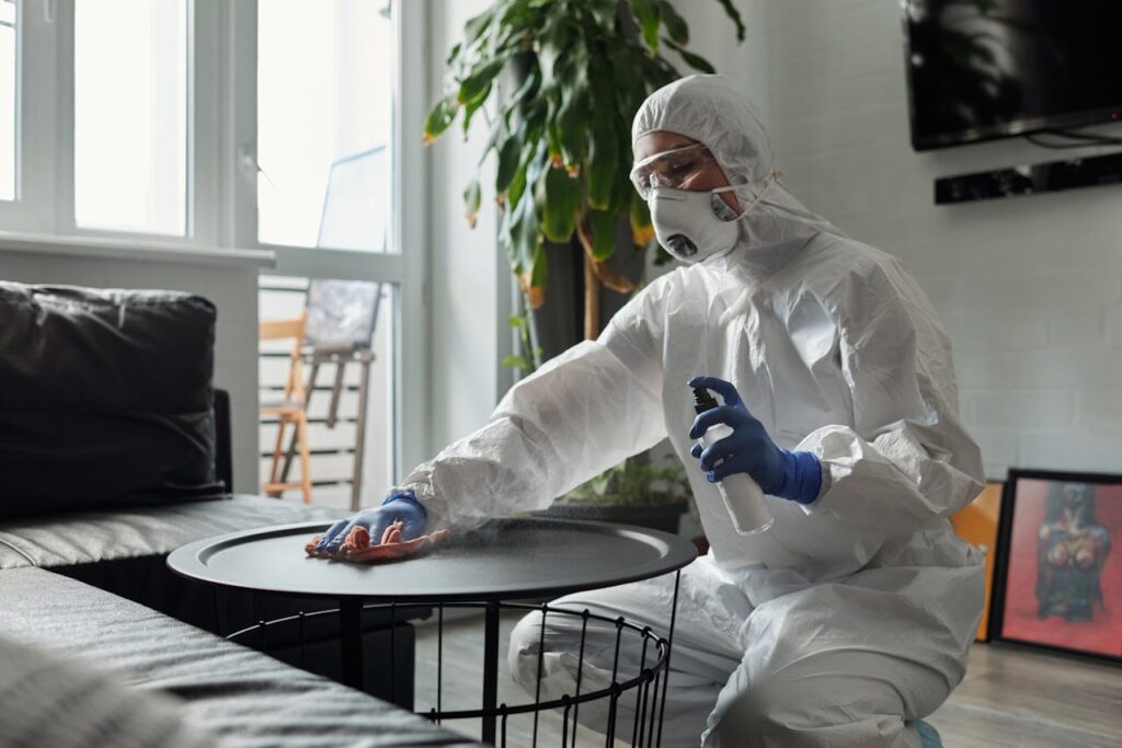 A cleaning professional sanitizing a table indoors in full protective gear, highlighting safety measures.